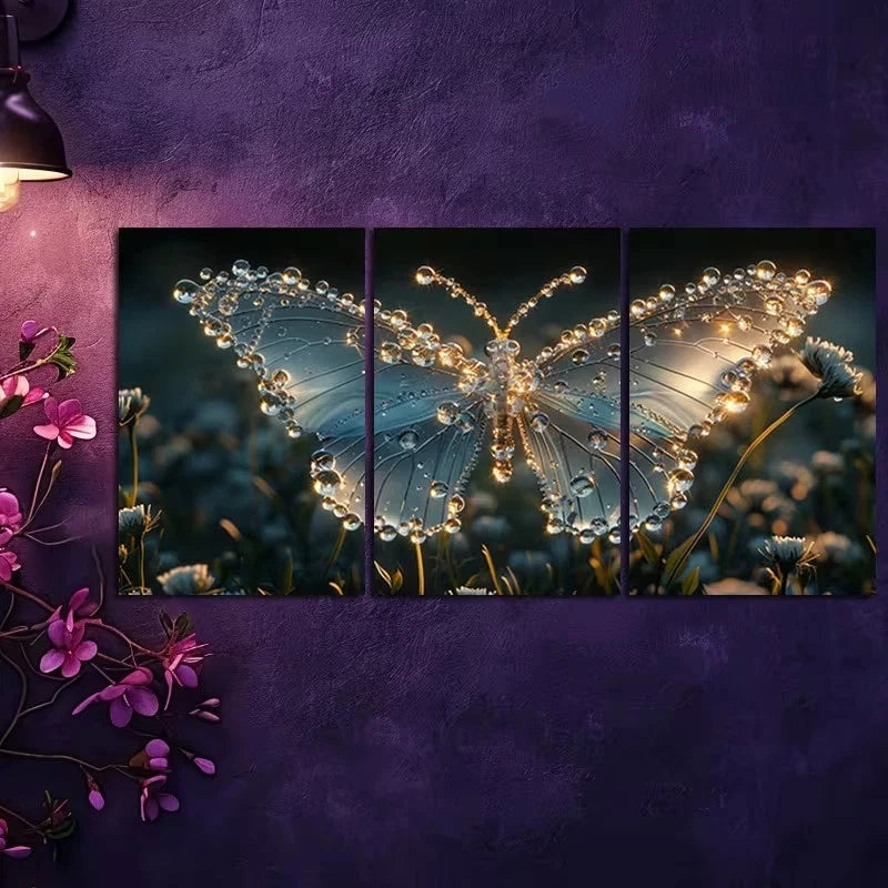 3pcs Water Drops Butterfly against floral Design Metal Print Ready to Hang Art