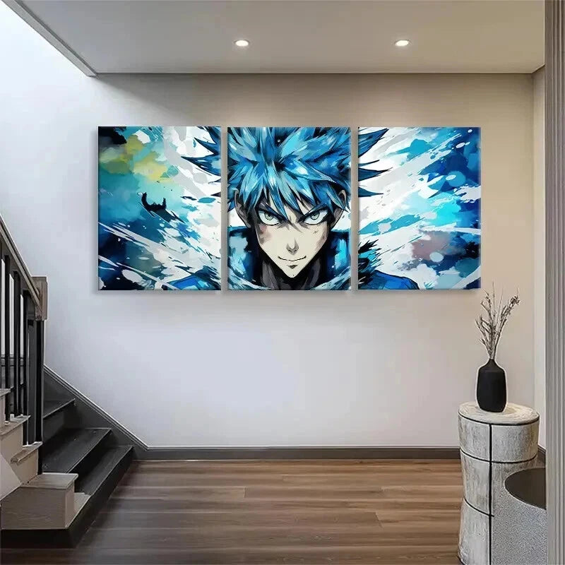 3pcs Anime Character Blue Haired Hero Perfect Wall Art Set Canvas Framed 40x60cm - High Quality Print 100% Australian Made Wall Canvas Ready to Hang