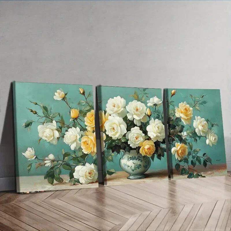 3pcs White Roses in Vase Painting Floral Color Wall Art Set Canvas Framed 60x90cm - High Quality Print 100% Australian Made Wall Canvas Ready to Hang