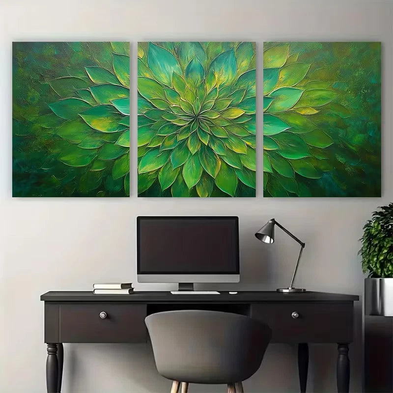 3pcs Green Sunburst Flower Painting Wall Art Set Canvas Framed 60x90cm - High Quality Print 100% Australian Made Wall Canvas Ready to Hang