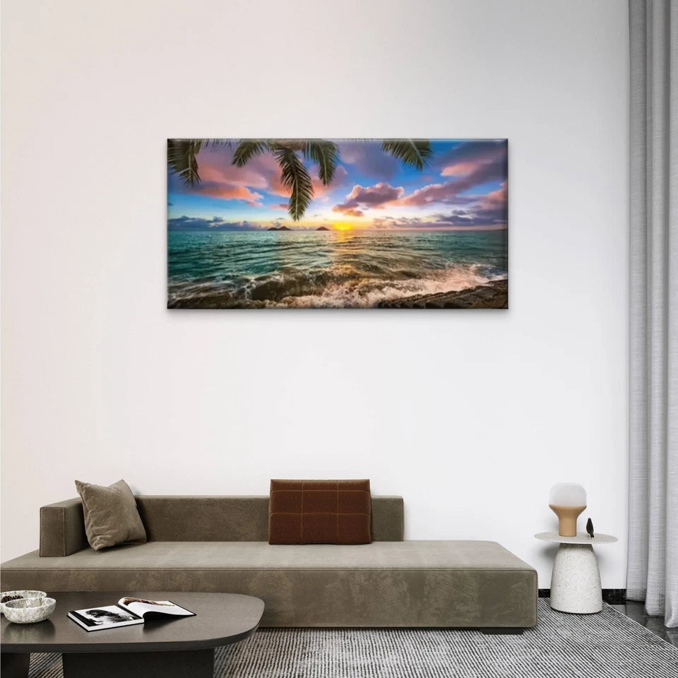Sunset Palm Tree Sky Waves Wall Art Canvas Office Home Room Framed 120x60cm