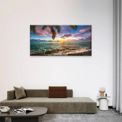 Sunset Palm Tree Sky Waves Wall Art Canvas Office Home Room Framed 120x60cm