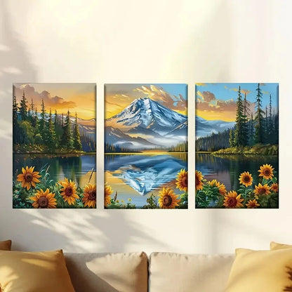 3pcs Sunflowers, lakes and snow-capped mountains Wall Art Set Canvas Framed 60x90cm - High Quality Print 100% Australian Made Wall Canvas Ready to Hang
