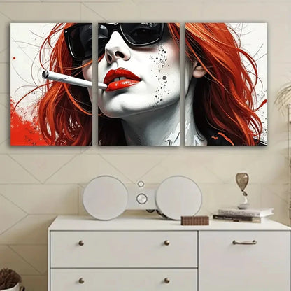 3pcs Woman With Red Hair And Glasses Wall Art Set Canvas Framed 60x90cm - High Quality Print 100% Australian Made Wall Canvas Ready to Hang