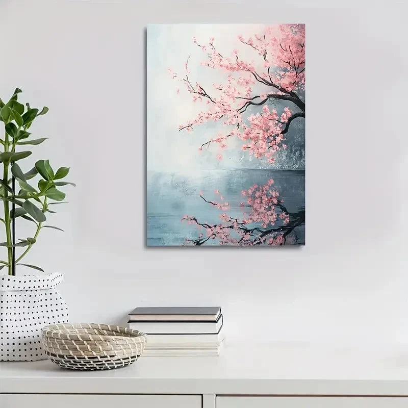 Serene Sakura Tree & Calm Lake Scene Painting 40x60cm Metal Print Ready to Hang - Bella Home Decor