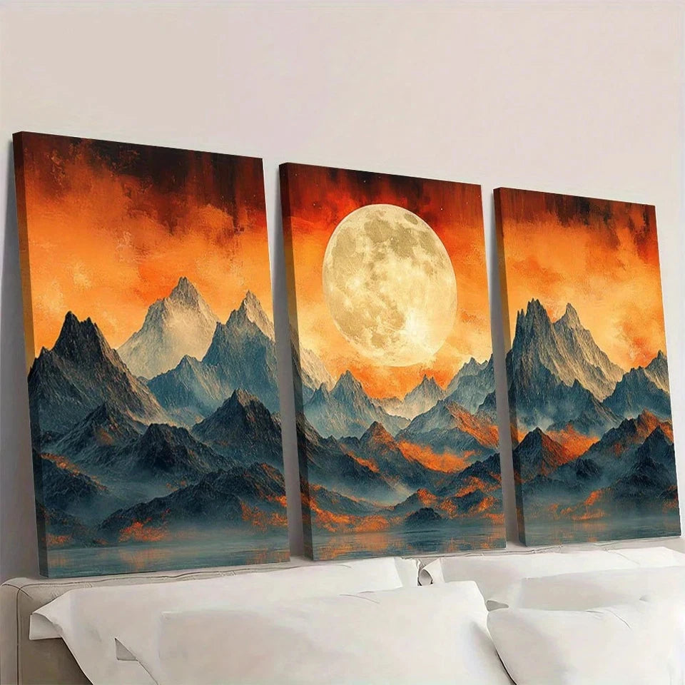 3pcs Abstract Mountain Moon Warm Earth Tones Wall Art Set Canvas Framed 60x90cm - High Quality Print 100% Australian Made Wall Canvas Ready to Hang - Bella Home Decor