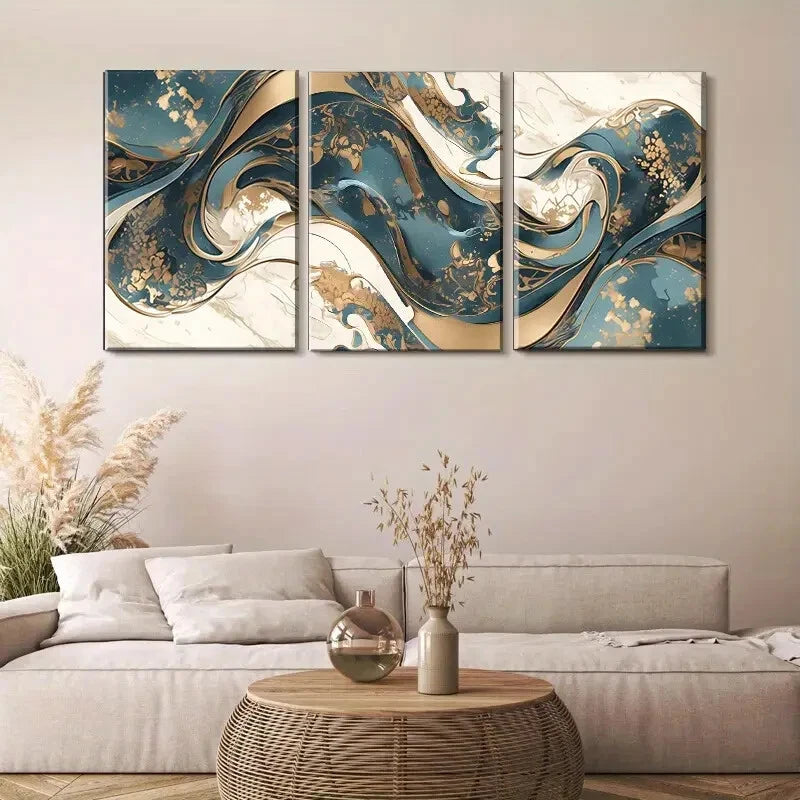 3pcs Golden & White Waves Dynamic Perfect Wall Art Set Canvas Framed 40x60cm - High Quality Print 100% Australian Made Wall Canvas Ready to Hang - Bella Home Decor