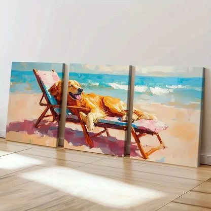 3pcs Beach Scene Golden Retriever Painting   Wall Art Set Canvas Framed 60x90cm - High Quality Print 100% Australian Made Wall Canvas Ready to Hang - Bella Home Decor