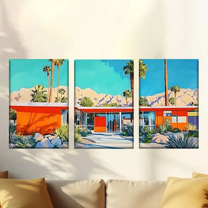 3pcs a painting of a house in the desert Wall Art Set Canvas Framed 50x70cm - High Quality Print 100% Australian Made Wall Canvas Ready to Hang - Bella Home Decor