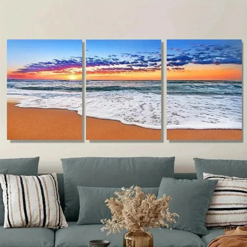 3pcs Beach Sunset Vibrant Seascape Sandy Shore Wall Art Set Canvas Unframed - High Quality Print 100% Australian Made Wall Canvas - Bella Home Decor