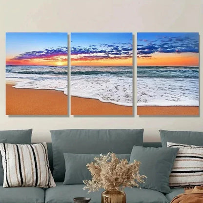 3pcs Beach Sunset Vibrant Seascape Sandy Shore Wall Art Set Canvas Unframed - High Quality Print 100% Australian Made Wall Canvas - Bella Home Decor
