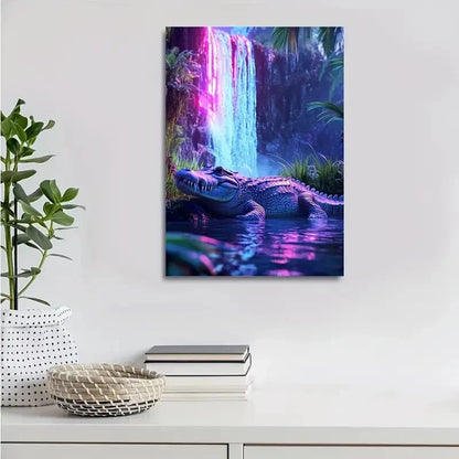 Vibrant Neon Glow Crocodile Scene Painting  40x60cm Metal Print Ready to Hang - Bella Home Decor