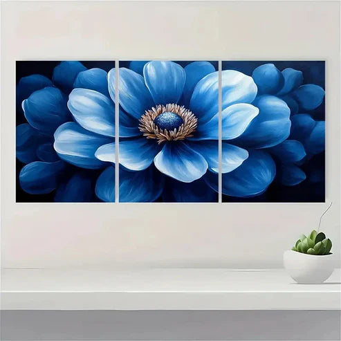 3pcs Flower Painting Print Blue Flower Art V Wall Art Set Canvas Unframed - High Quality Print 100% Australian Made Wall Canvas - Bella Home Decor