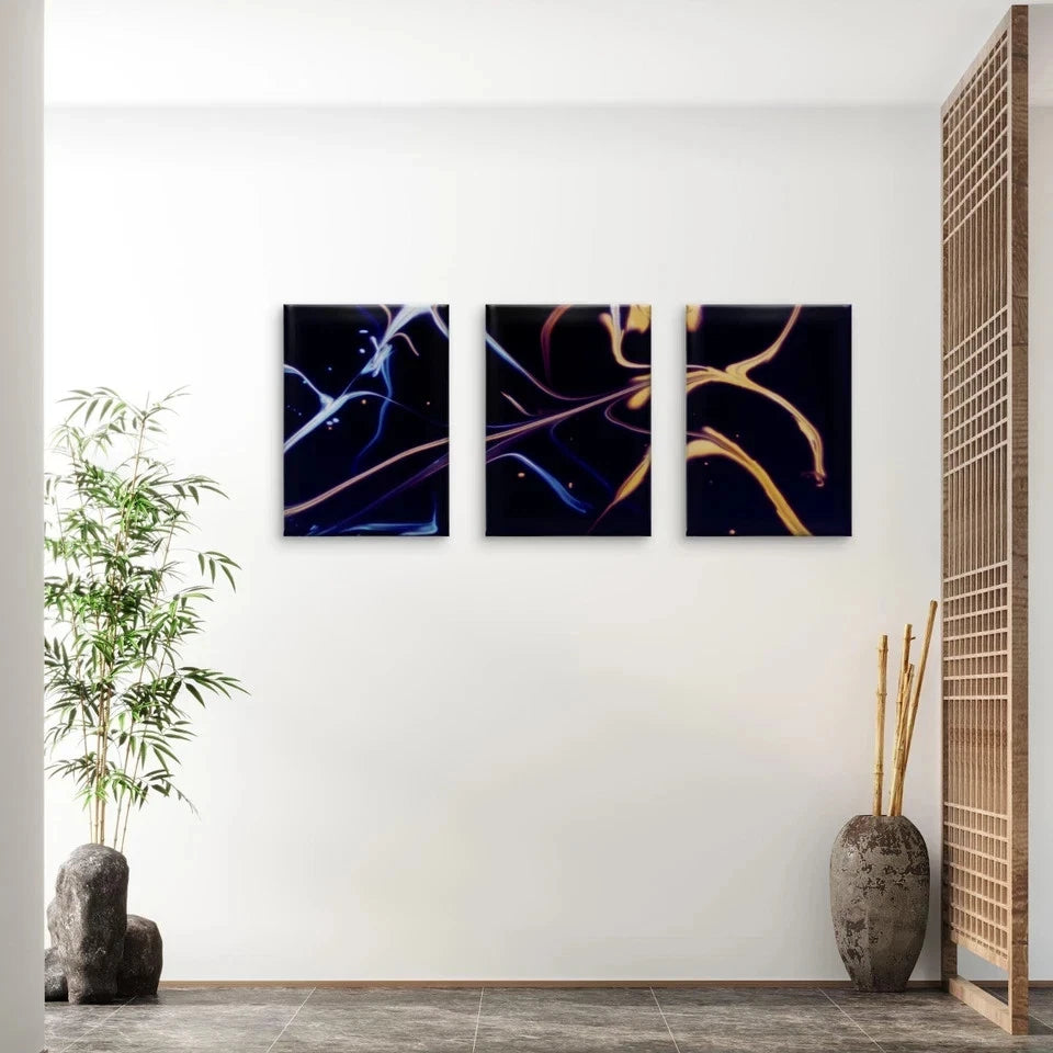 3pcs Blue and Gold Neon Swirl Dark Abstract Wall Art Set Canvas Framed 50x70cm - High Quality Print 100% Australian Made Wall Canvas Ready to Hang