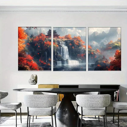 3pcs Autumn Waterfall Chinese Landscape Wall Art Set Canvas Framed 50x70cm - High Quality Print 100% Australian Made Wall Canvas Ready to Hang