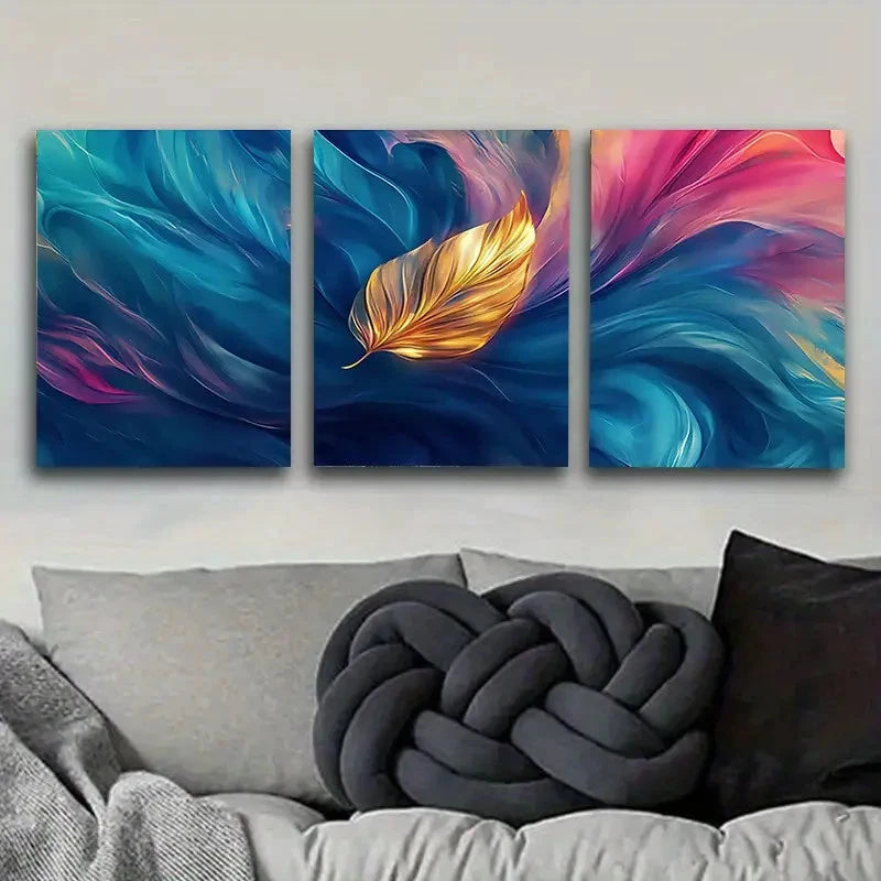 3pcs Golden Leaf on Blue Watercolor Wall Art Set Canvas Framed 40x60cm - High Quality Print 100% Australian Made Wall Canvas Ready to Hang - Bella Home Decor