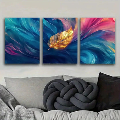 3pcs Golden Leaf on Blue Watercolor Wall Art Set Canvas Framed 40x60cm - High Quality Print 100% Australian Made Wall Canvas Ready to Hang - Bella Home Decor