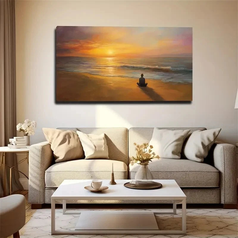 Sunset Beach Meditation Scene Wall Art Canvas Office Home Room Framed 120x60cm