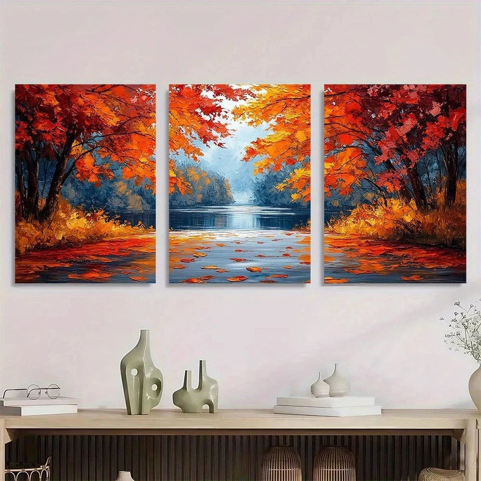 3pcs Lake Scenery Modern Trees Autumn Leaf Metal Print Ready to Hang Art