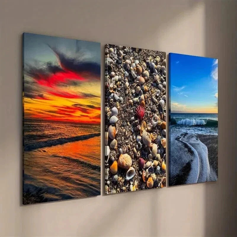 3pcs Vibrant Beach Sunset Seashells & Waves Wall Art Set Canvas Framed 50x70cm - High Quality Print 100% Australian Made Wall Canvas Ready to Hang