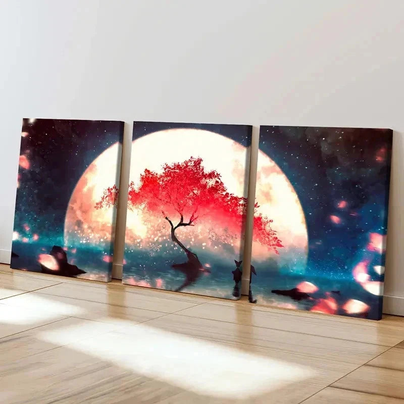 3pcs Fantasy Anime Cherry Blossom Landscape Wall Art Set Canvas Framed 60x90cm - High Quality Print 100% Australian Made Wall Canvas Ready to Hang