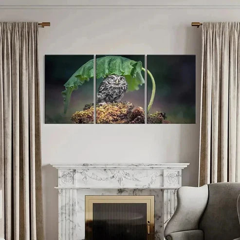 3pcs Bird Art Cute Owl Under a Leaf Modern Wall Art Canvas Unframed – High Quality Print 100% Australian Made Wall Canvas - Bella Home Decor