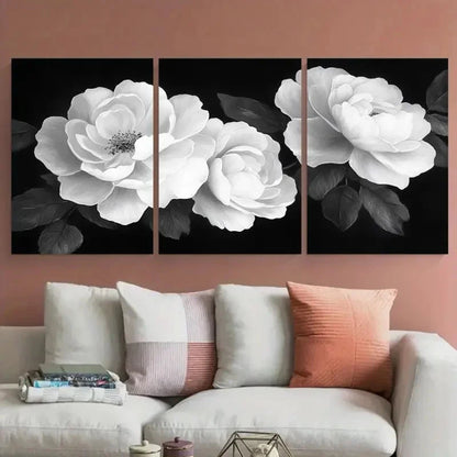 3pcs Black And White Floral Rose Décor Perfect Wall Art Set Canvas Framed 40x60cm - High Quality Print 100% Australian Made Wall Canvas Ready to Hang