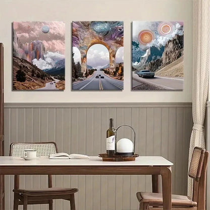3pcs Panel Surreal Cosmic Road Trip Perfect Wall Art Set Canvas Framed 50x70cm - High Quality Print 100% Australian Made Wall Canvas Ready to Hang