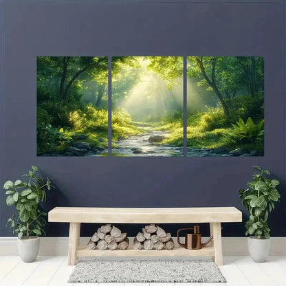 3pcs Serene Green Forest Lush Trees & Stream Wall Art Set Canvas Framed 40x60cm - High Quality Print 100% Australian Made Wall Canvas Ready to Hang - Bella Home Decor