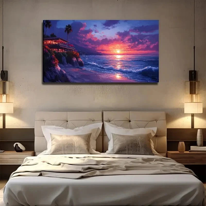 Sunset By Sea - Large Coastal Wall Art Canvas Office Home Room Framed 120x60cm