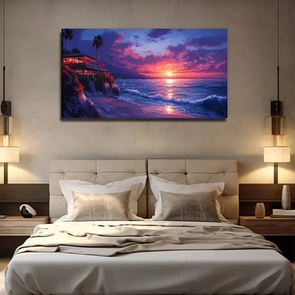 Sunset By Sea - Large Coastal Wall Art Canvas Office Home Room Framed 120x60cm