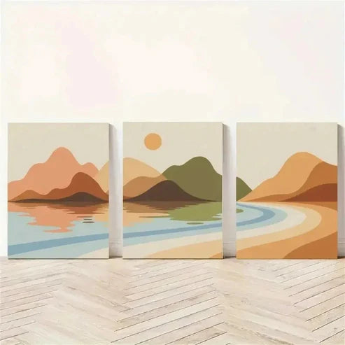 3pcs Mountains, Lake, Sun Wall Art Canvas Unframed - High Quality Print 100% Australian Made Wall Canvas