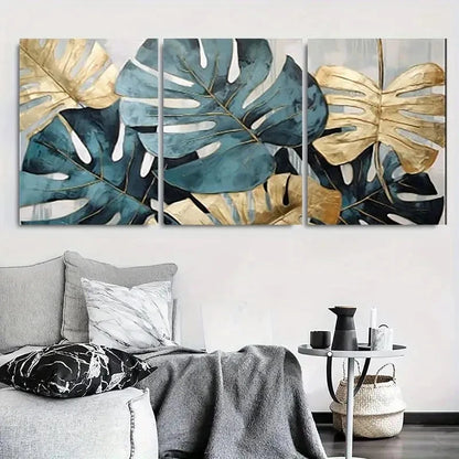3pcs Tropical Monstera Leaves Teal & GoldenMetal Print Ready to Hang Art