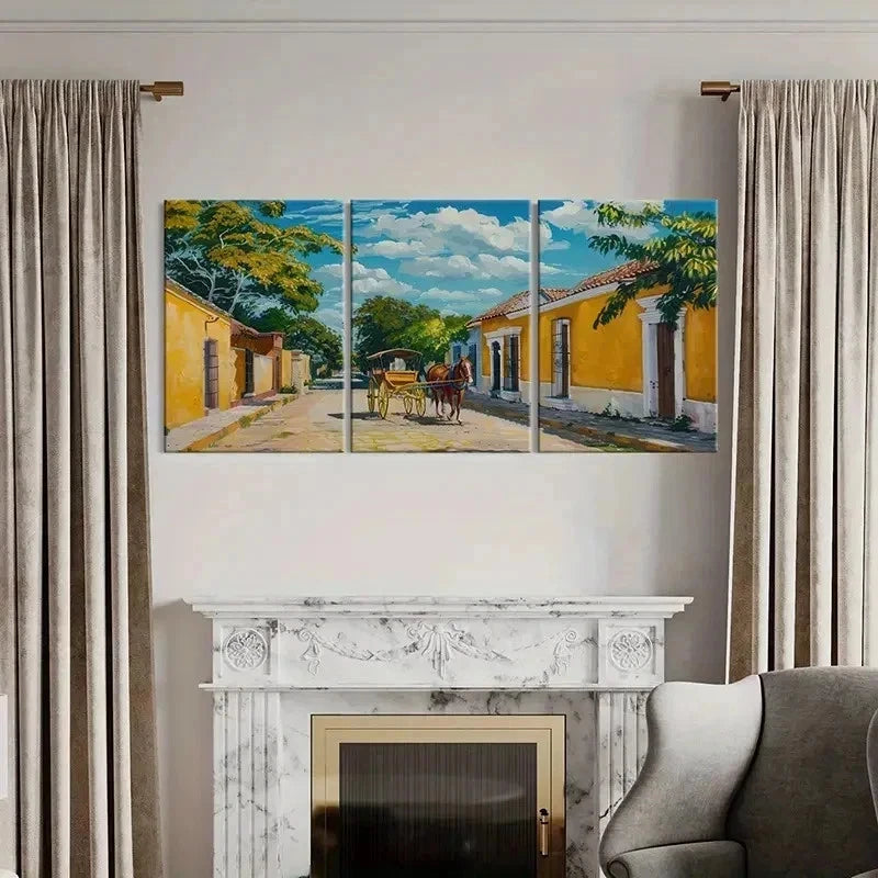 3pcs Horse Drawn Carriage Yellow Buildings Wall Art Set Canvas Framed 60x90cm - High Quality Print 100% Australian Made Wall Canvas Ready to Hang