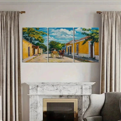 3pcs Horse Drawn Carriage Yellow Buildings Wall Art Set Canvas Framed 60x90cm - High Quality Print 100% Australian Made Wall Canvas Ready to Hang