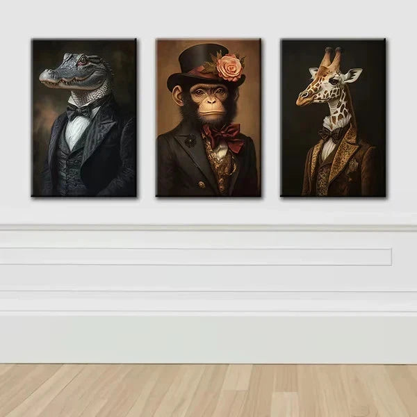 3pcs Luxurious Animal Portraits in Dress Wall Art Set Canvas Framed 60x90cm - High Quality Print 100% Australian Made Wall Canvas Ready to Hang