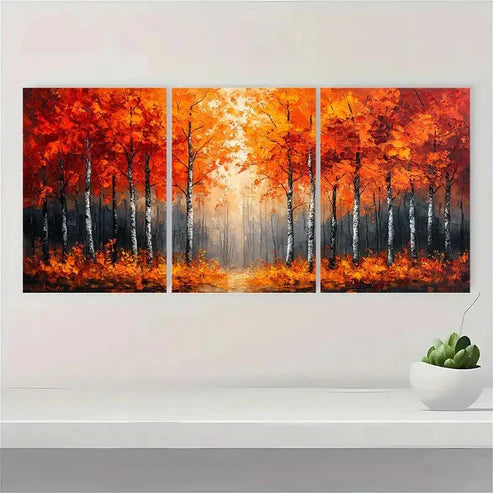 3pcs Forest Art with Red & Orange Leaves Wall Art Canvas Unframed - High Quality Print 100% Australian Made Wall Canvas - Bella Home Decor