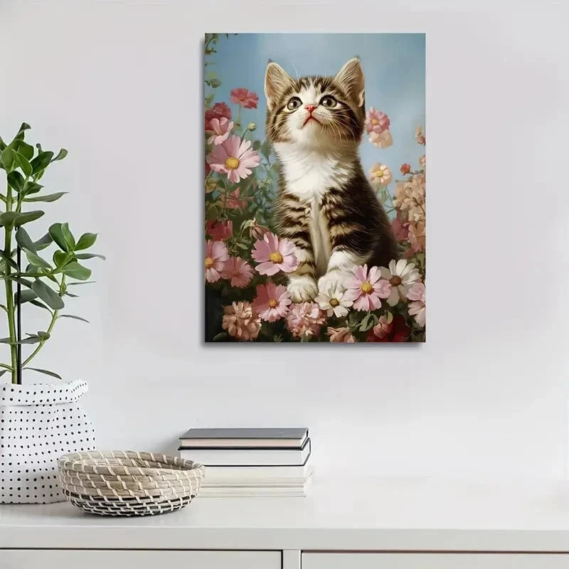 American Shorthair Kitten with Flowers Painting 40x60cm Metal Print Ready to Hang