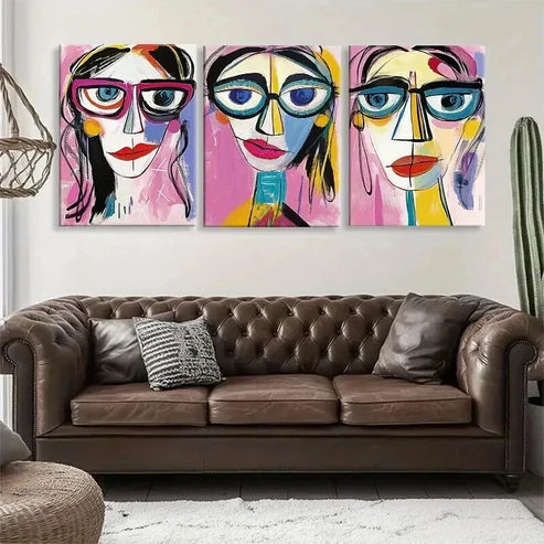 3pcs Colorful Faces Glasses Geometric Perfect Wall Art Set Canvas Unframed - High Quality Print 100% Australian Made Wall Canvas