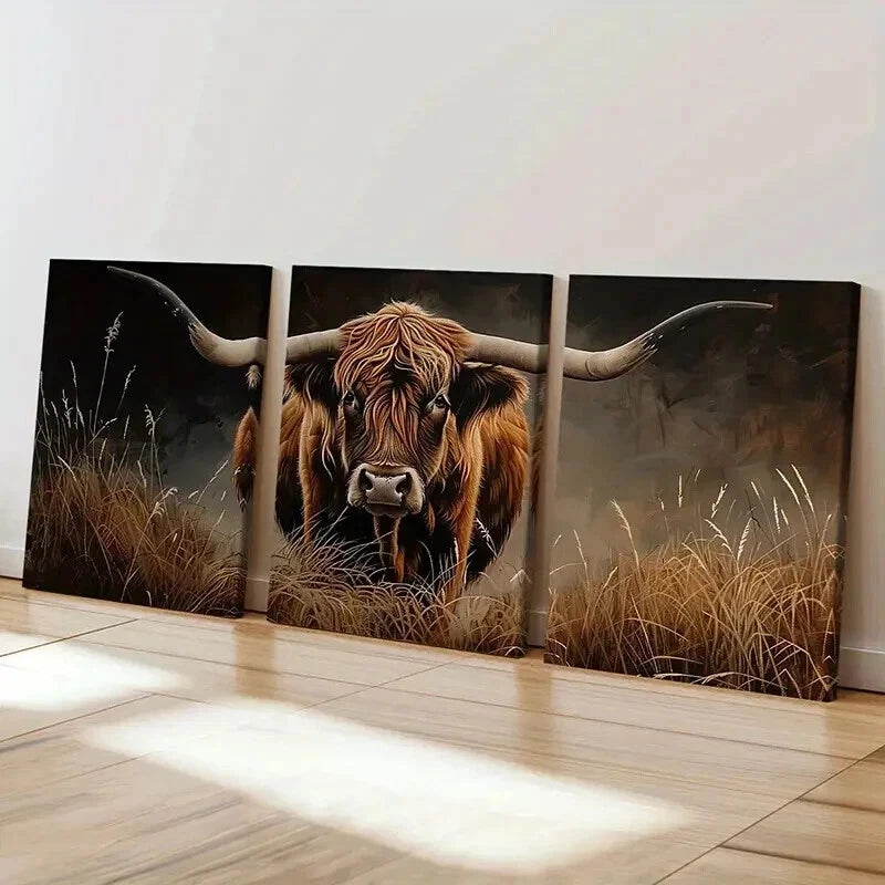 3pcs Scottish Highland Cow In Grass Wall Art Set Canvas Framed 60x90cm - High Quality Print 100% Australian Made Wall Canvas Ready to Hang - Bella Home Decor
