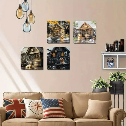 4pcs Vintage Golden Retriever in Bathtub Wall Art Canvas Framed