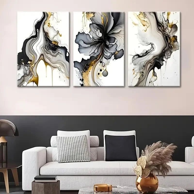 3pcs Grey and Golden Abstract Marble Fluid Metal Print Ready to Hang Art