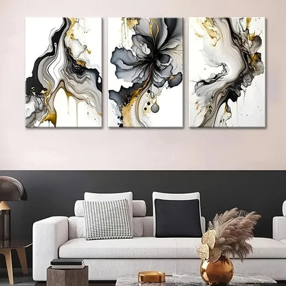 3pcs Grey and Golden Abstract Marble Fluid Metal Print Ready to Hang Art