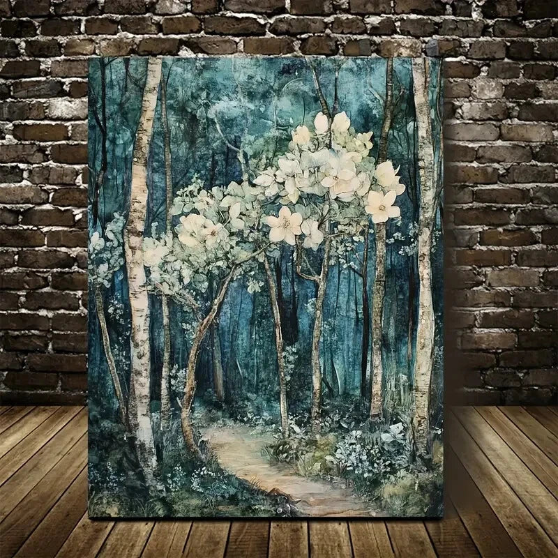 Beautiful Flourishing Pear Tree Forest Painting 40x60cm Metal Print Ready to Hang - Bella Home Decor