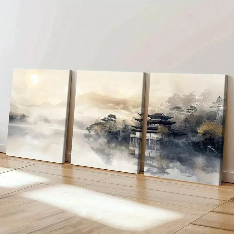 3pcs Chinese Landscape & Mountain Scenery Wall Art Set Canvas Framed 60x90cm - High Quality Print 100% Australian Made Wall Canvas Ready to Hang - Bella Home Decor