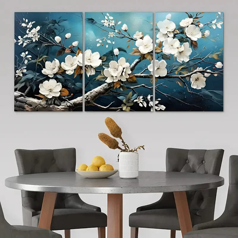 3pcs White Florals Blue Brown Leaves Metal Print Ready to Hang Art
