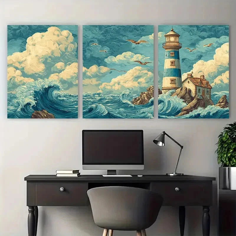 3pcs Lighthouse Clipart Vintage Light Perfect Wall Art Set Canvas Framed 50x70cm - High Quality Print 100% Australian Made Wall Canvas Ready to Hang
