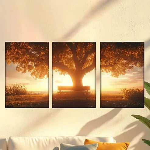 3pcs Bench Under a Tree in a Field Wall Art Canvas Unframed - High Quality Print 100% Australian Made Wall Canvas - Bella Home Decor
