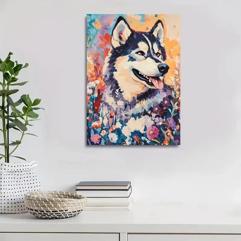 Vibrant Alaskan Malamute with Colorful Flowers 40x60cm Metal Print Ready to Hang