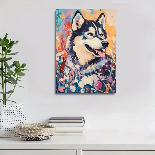Vibrant Alaskan Malamute with Colorful Flowers 40x60cm Metal Print Ready to Hang